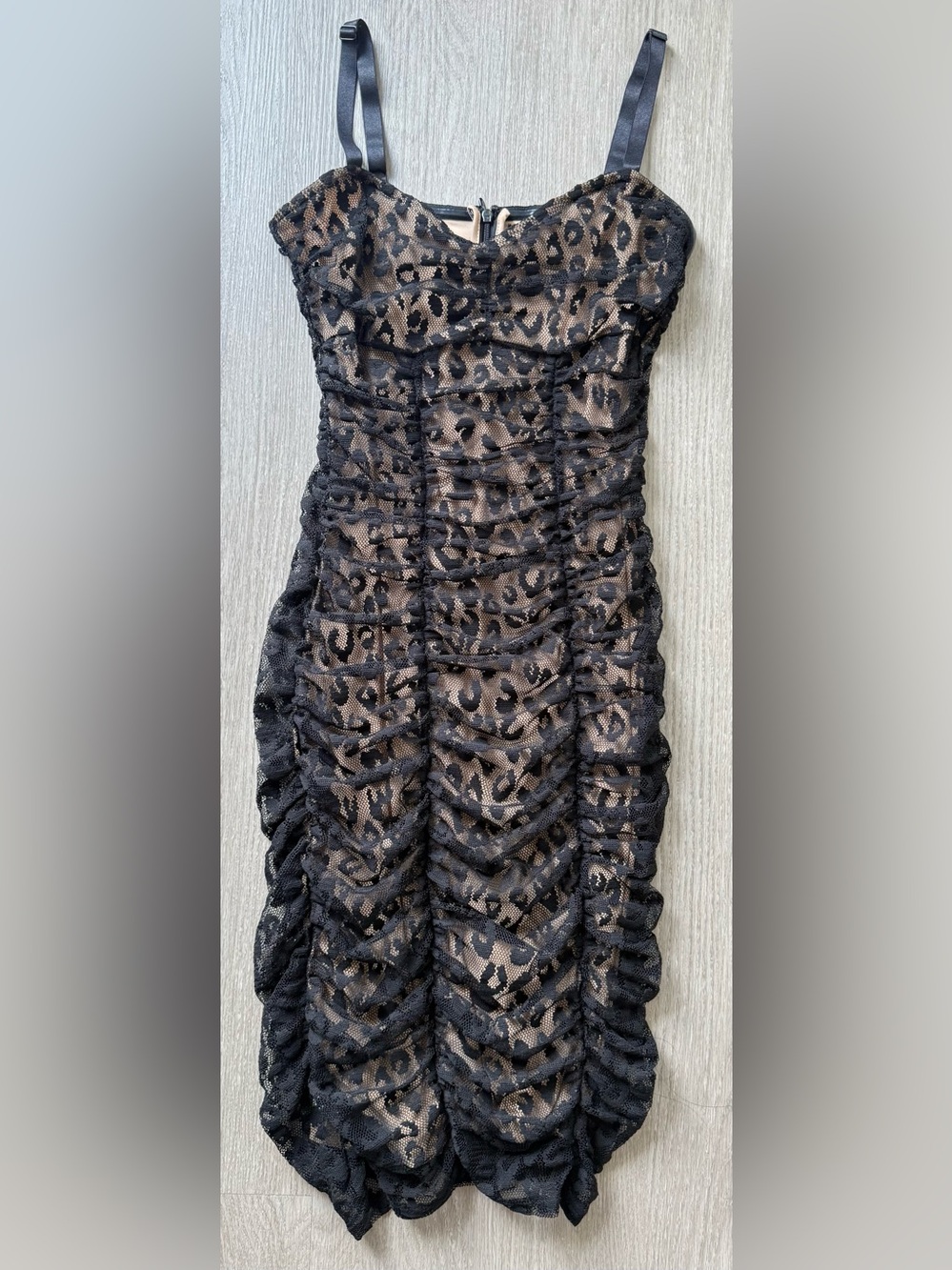 GUESS Black Lace Ruched Leopard-Print Strap Dress